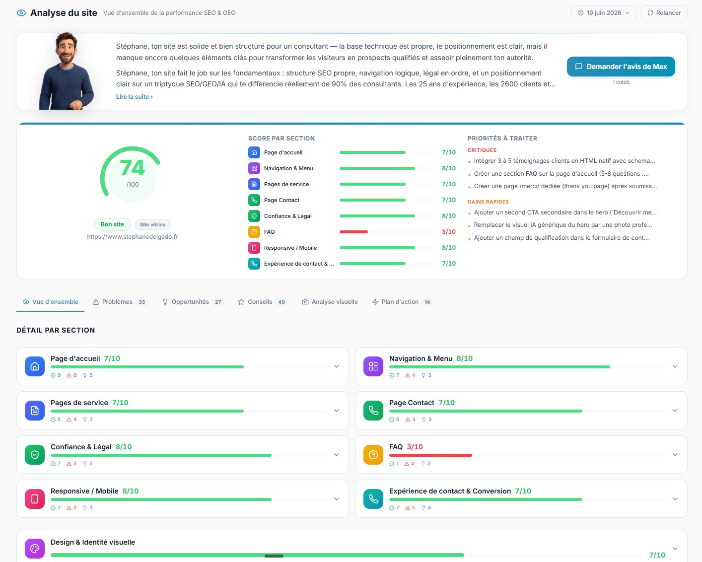 Analyse globale d’un site dans BotSEO avec score par section, problèmes, opportunités et plan d’action SEO et GEO