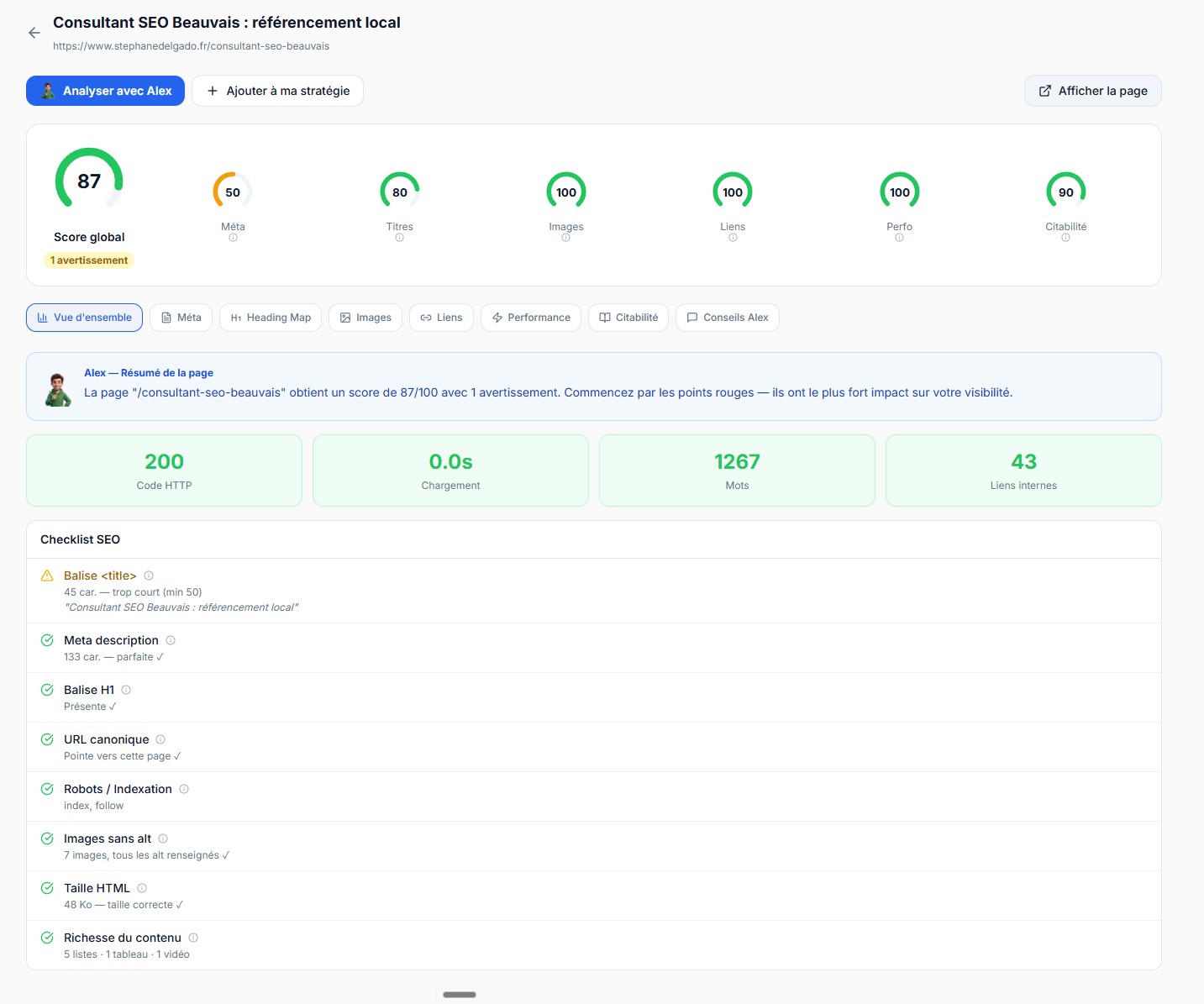 Audit on-page d’une page dans BotSEO avec score global, contrôle des balises meta, titres, images, liens et checklist SEO