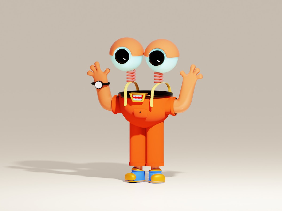 Personnage 3D orange aux grands yeux et aux bras levés sur fond beige neutre