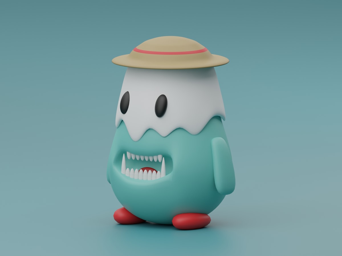 Personnage 3D turquoise avec chapeau de paille et petits pieds rouges sur fond bleu