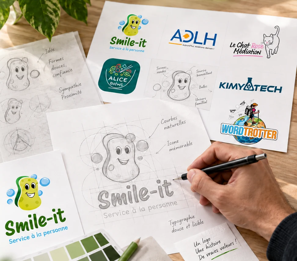 Croquis et logos finalisés sur un bureau de graphiste : Smile-it, ADLH, Kimyatech, Wordtrotter