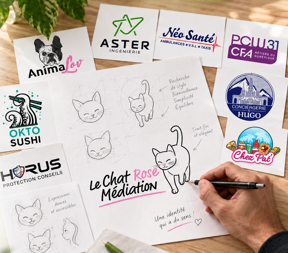 Recherches au crayon pour le logo Le Chat Rose Médiation entourées de logos clients