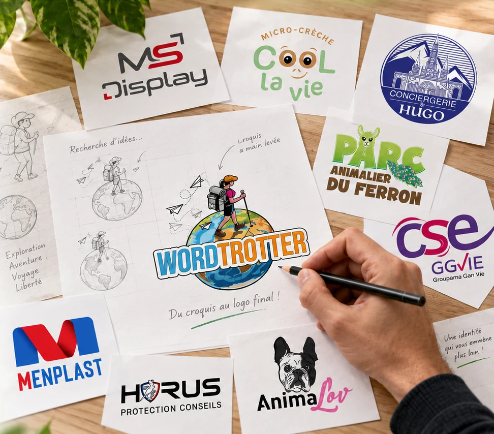 Du croquis au logo final : Wordtrotter, MS Display, Menplast, Horus Protection Conseils