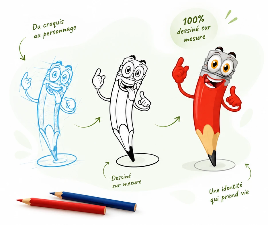 Mascotte crayon dessinée sur mesure, du croquis au personnage en couleur