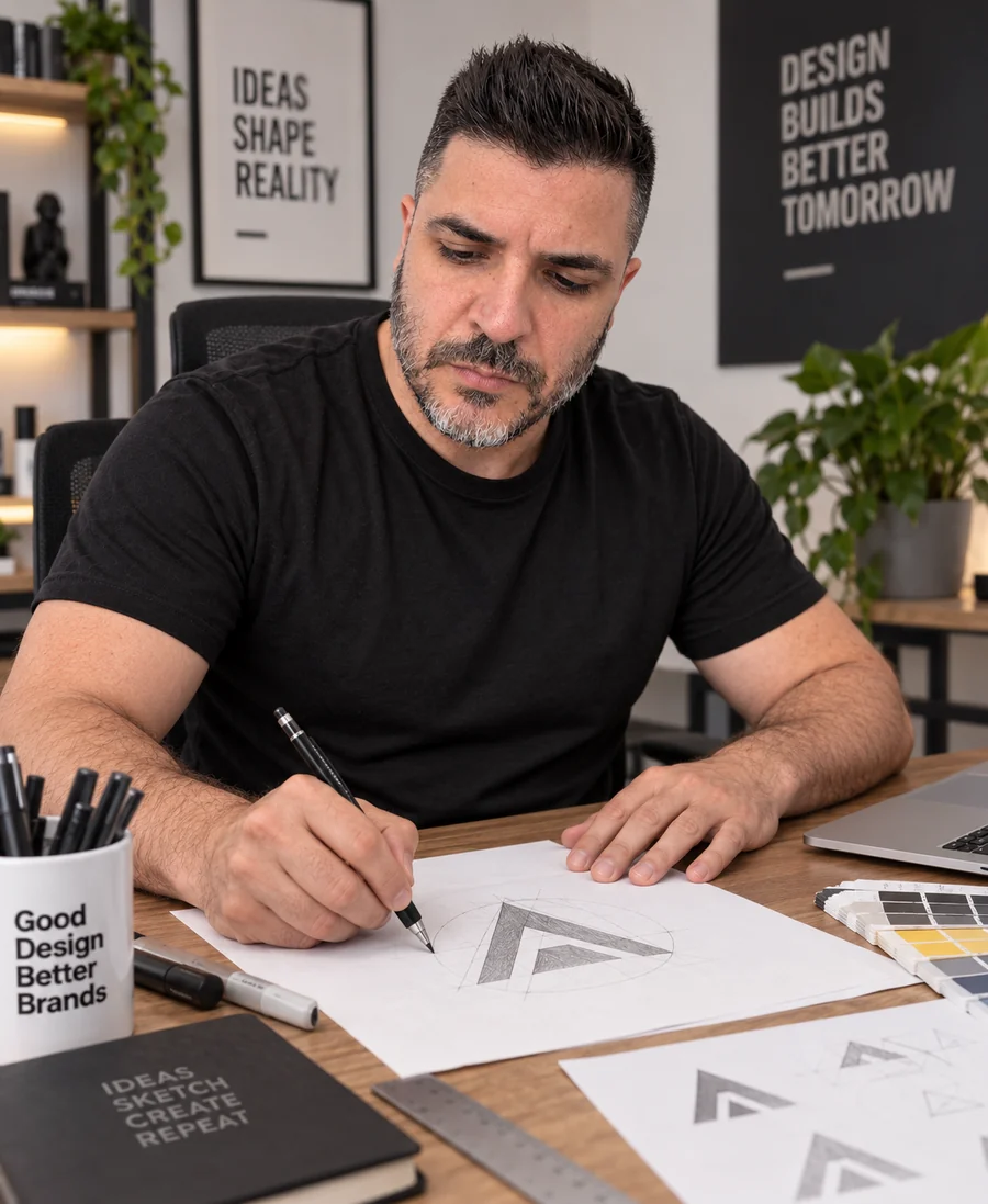 Stéphane Delgado, graphiste, dessine un logo au crayon dans son atelier